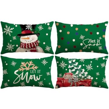 Imagem de OTOSTAR Conjunto de 4 capas de travesseiro verdes de Natal 40,6 x 61 cm para decoração de sofá e sala de estar (verde - boneco de neve e caminhão de árvore de Natal)