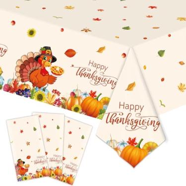 Imagem de Conjunto de 3 toalhas de mesa de Ação de Graças – Feliz peru, abóbora e folha de bordo, capa de mesa descartável de plástico retangular para decoração de festa de colheita de outono, 137 x 272 cm