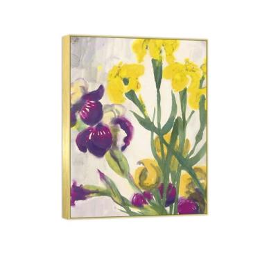 Imagem de BMZFYBS Arte de parede em tela de flores reprodução de pintura famosa - imagens de moldura dourada para sala de estar - pôster e impressões de íris amarelo e azul 70 x 90 cm 27 x 35 pol