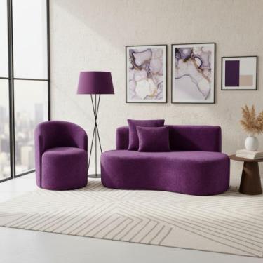 Imagem de Conjunto 01 Poltrona + Sofá Curvo Orgânico Nature Gaia Veludo Roxo - M
