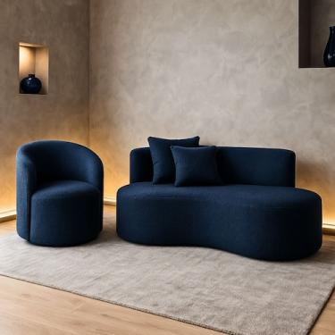 Imagem de Conjunto 01 Poltrona + Sofá Curvo Orgânico Nature Gaia Boucle Azul Mar