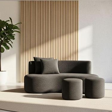 Imagem de Conjunto Sofá Curvo Orgânico + 2Puffs Nature Gaia Boucle Cinza - Monta