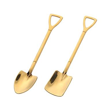 Imagem de Conjunto de colheres douradas em forma de pá de sobremesa em aço inoxidável dourado para comer frutas, mexer chá, café, açúcar, sorvete, crianças, comida de bebê (2 peças)