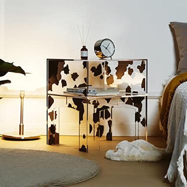 Imagem de Mesa de centro pequena para sala de estar, mesa lateral de sofá de zebra/vaca/acrílico manchado, mesa de cabeceira moderna e minimalista com espaço de armazenamento, decoração de casa