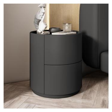 Imagem de Mesa de cabeceira redonda com envoltório de couro de microfibra, mesa de cabeceira luxuosa com 2 gavetas de madeira maciça, mesa lateral moderna móveis de cabeceira (cor: cinza claro) (preto)