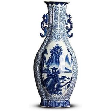 Imagem de AKALNNB Vasos de porcelana azul e branco clássico novo chinês dinastias Ming e Qing clássico bilateral azul e branco vaso de cerâmica decorativo flor de cerâmica