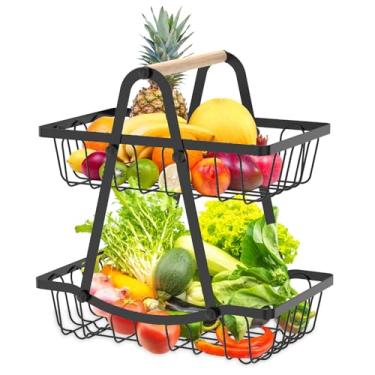Imagem de HJJWNDDNG Cesto de frutas de 2 camadas, suporte de armazenamento de frutas e vegetais, sólido, versátil, suporte de frutas, cesta de legumes, destacável de metal, pão, tigela de lanche para casa