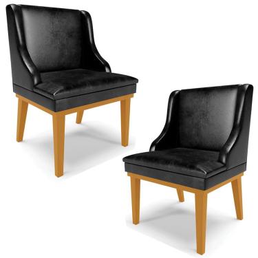 Imagem de Kit 2 Cadeiras Decorativas Sala de Jantar Base Fixa de Madeira Firenze PU Preto Brilho/Castanho G19 - Gran Belo