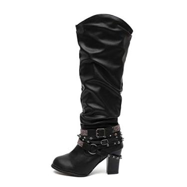 Imagem de Bigfanshu Botas femininas de cano alto lisas, rasas, bico fino, salto quadrado, botas até o joelho, moda feminina, atlética, fecho de tornozelo, botas Chelsea, Preto, 34 BR