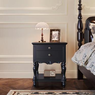 Imagem de Mesa de cabeceira de madeira maciça preta vintage - mesa de cabeceira de madeira com armazenamento de gaveta, mesa de cabeceira pequena e escura antiga para sala de estar, quarto, 35 cm P x 48 cm L x