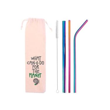 Imagem de Kit Canudos de Inox 5 em 1 – 3 Canudos Reutilizáveis com Shake (8mm) + Escova + Ecobag Ecológica (Rainbown)