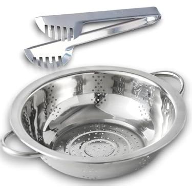 Imagem de Escorredor de Massas e Arroz em Aço Inox 24 cm com Alça + Pegador de Macarrão 20 cm – Utensílios de Cozinha Resistentes, Multiuso e Duráveis