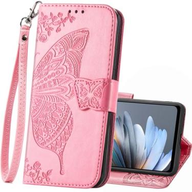 Imagem de Capa carteira para T-Mobile REVVL 8 Pro 5G, carteira de couro PU, capa protetora para celular, alça de pulso, compartimentos para cartões, bolso em relevo, borboleta, flor, suporte, capa para T-Mobile