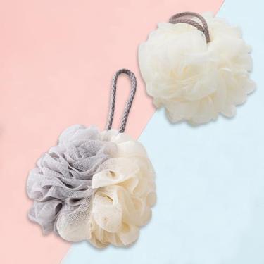 Imagem de Esponja de bucha, bucha de banho, esponja de banho esfoliante, dois painéis de cores, cuidados essenciais para a pele do chuveiro.