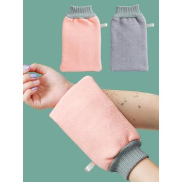 Imagem de Pacote com 2 luvas esfoliantes – luva vegana para remoção de autobronzeador e queratose pilar, pano para esfoliação e suavização da pele morta (rosa + cinza)