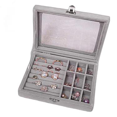 Imagem de Porta Joias Tampa Vidro Organizador Veludo Divisória Cinza