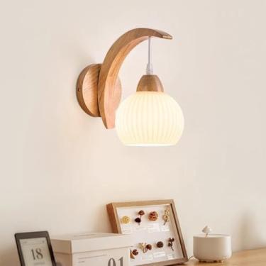 Imagem de GZZBMY E27 interior apliques de parede modernos de madeira candeeiros de parede com abajur de vidro quarto iluminação para sala de estar corredor escadas (luz quente) (D)
