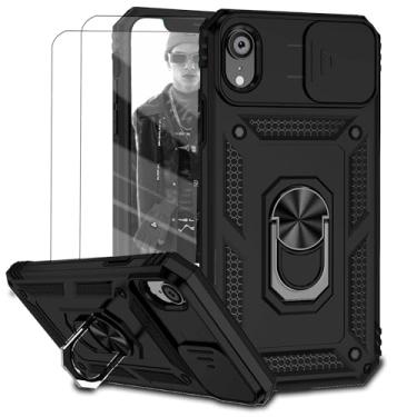 Imagem de Capa para iPhone XR Capinha | com 2 peças de protetor de tela temperado com janela deslizante da câmera e suporte para telefone incluídos - Preto