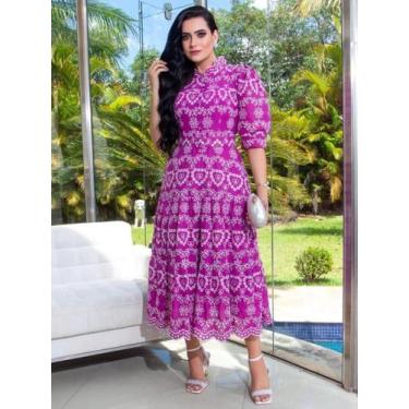 Imagem de Vestido Elegante de Festa Lese Algodão Gola Alta Evangélico - Fashion,