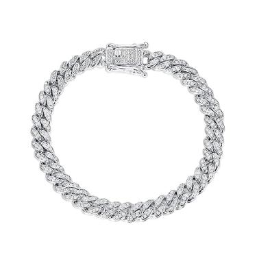Imagem de Gemsme Pulseira feminina banhada a ouro branco 18 K com elos cubanos gelados com zircônia cúbica completa estilo hip hop, joias de 15,2 a 21,5 cm, 7.0 Inch, Latão, Zircônia cúbica