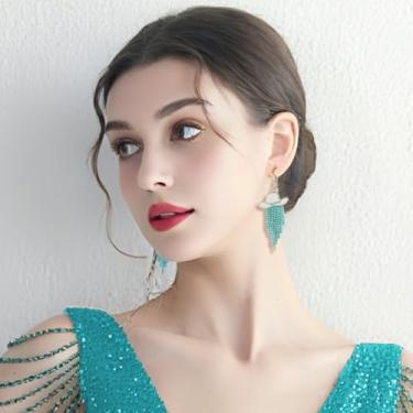 Imagem de Western Cowgirl Chapéu esmaltado brilhante strass borla brincos pendentes baile concertos cowboy roupas rodeio joias presente para mulheres, cristal azul celeste e chapéu branco