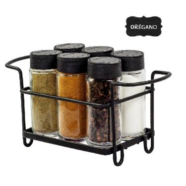 Imagem de Porta Tempero Condimento 6 Potes Vidro Tampa Dosadora Suporte Preto Organização Cozinha