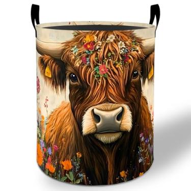 Imagem de Cesto de roupa suja Highland Cow 50 x 40 cm, balde de armazenamento de roupas Oxford dobrável à prova d'água para quarto, banheiro, quarto, berçário, organizador de brinquedos, presentes para crianças