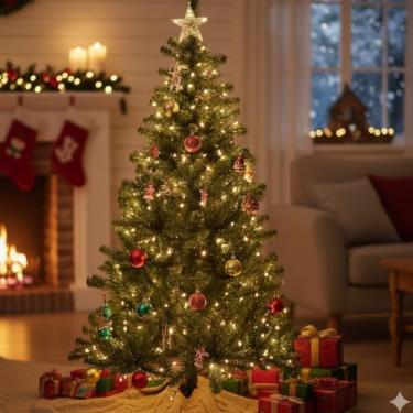 Imagem de Árvore de Natal Artificial Verde, 1,50m de Altura, 380 Galhos em PVC, Base de Ferro, Decoração Natalina para Ambientes Internos