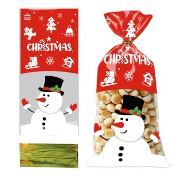 Imagem de 50 sacos de doces de Natal, boneco de neve de celofane, presente selável a quente com 60 laços torcidos para festa de aniversário