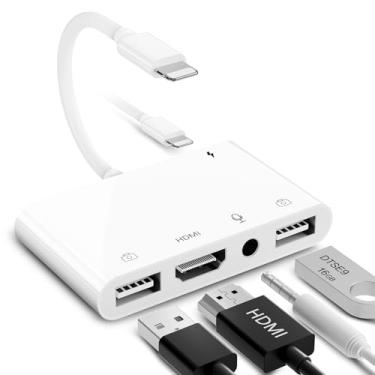 Imagem de FEINODI Adaptador Lightning para HDMI para iPhone/iPad para TV, adaptador OTG USB duplo com entrada de microfone para transmissão ao vivo, teclado MIDI, mouse, TV HD/projetor/monitor compatível