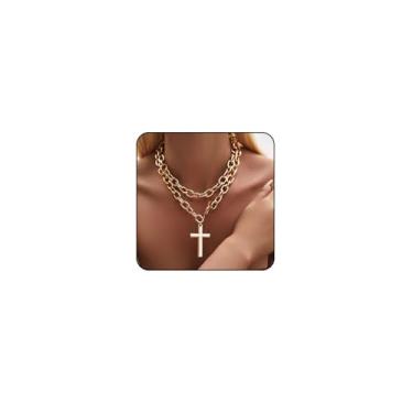Imagem de Sora Tuki Colar de cruz grossa para mulheres, colar de cruz grande, colar de corrente com clipe de papel, colares grandes, joias grossas modernas, Large, Metal, Sem Pedra Preciosa