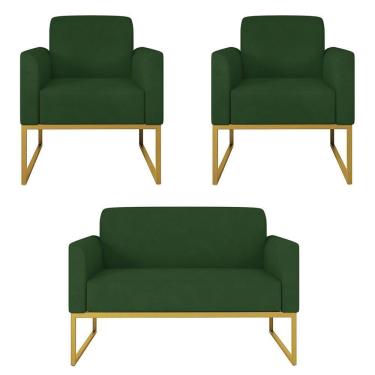 Imagem de Kit Namoradeira E 2 Poltronas Decorativas Base Industrial Dourada Maressa S23 Suede Verde - Ibiza