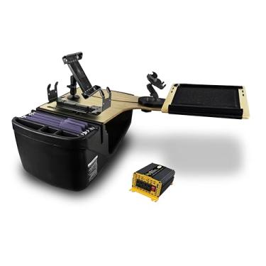 Imagem de AutoExec AE-RDBSLH-PI-PS-PM-TAB-11M Reach Car Desk para sua estação de trabalho de veículo e escritório móvel, banco traseiro esquerdo, natural com inversor de potência de 400 watts, suporte de