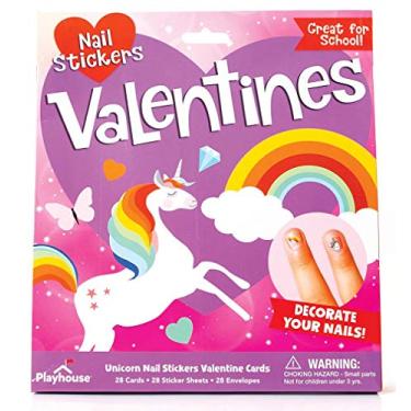 Imagem de Playhouse Folha de adesivos de unhas de unicórnio arco-íris 28 cartões Super Valentine pacote de troca para crianças