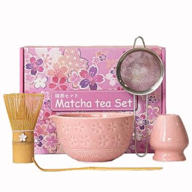 Imagem de resome Kit de conjunto Matcha, ferramentas tradicionais de cerimônia japonesa com batedor de bambu, tigela de cerâmica e suporte para matcha, colher e colheres de bambu para preparação autêntica de