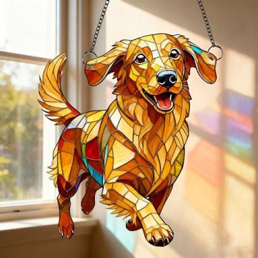 Imagem de Enfeite de acrílico para pendurar Golden Retriever – Apanhador de sol para pendurar na janela, arte em mosaico de 14 cm, decoração de cachorro de plástico colorido, presente para amantes de Golden