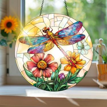 Imagem de Acrílico colorido Suncatcher, apanhador de sol estilo vitral impresso libélula com reflexos de arco-íris, decoração de janela suspensa, decoração de parede, ornamentos de Natal para uso interno e