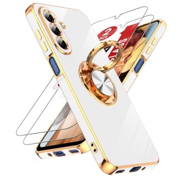 Imagem de LeYi Capa para Samsung Galaxy A2025 5G: com 2 protetores de tela de vidro temperado e suporte magnético giratório de 360°, borda de ouro rosa para capa A2025 5G, branca