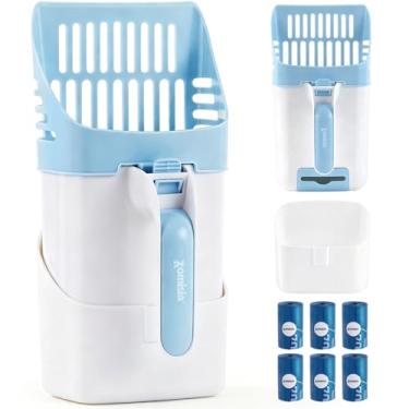 Imagem de ZOMISIA Colher de areia para gatos com suporte e lata de lixo, colher de cocô 3 em 1 sem bagunça inclui 90 sacos, pá para caixa de areia para descarte de resíduos de caixa de peneira, azul e branco