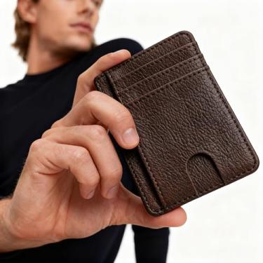 Imagem de Carteira pequena e fina para homens e mulheres, porta-cartões minimalista de couro com bolso frontal com design de bloqueio de RFID, Marrom, Minimalista