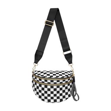 Imagem de Bolsas de bumbum para mulheres, bolsa transversal quadriculada grande de nylon para mulheres, bolsa quadriculada, pochete com cinto, Xadrez preto e branco, Bolsa transversal quadriculada