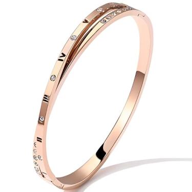 Imagem de Pulseira feminina com numerais romanos, punho de aço inoxidável com detalhes de cristal, joia banhada a ouro rosa para ocasiões especiais e presentes
