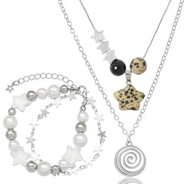 Imagem de Colar de estrela Y2k multicamadas conjunto de pulseiras grunge de fadas artesanais Fairycore Grunge joias góticas redemoinho colar de estrela punk rock roll música guitarra grunge acessórios para