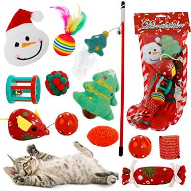 Imagem de Conjunto de 12 peças de brinquedos de Natal para gatos, variedade de gatinhos festivos, brinquedos de bola de férias interativos