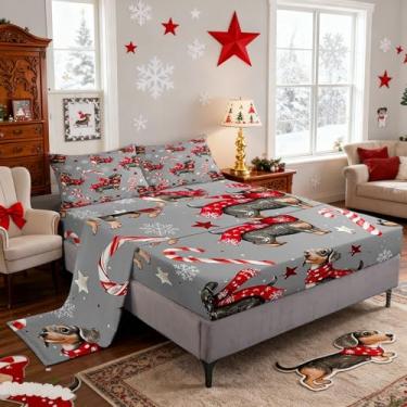 Imagem de Jogo de lençol casal com desenho animado de Dachshund Feliz Natal, cachorrinho, crianças, adolescentes, adultos, Natal, doces, moderno, 4 peças (elástico + plano + 2 fronhas)