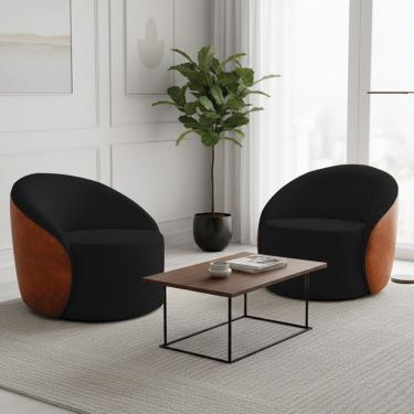 Imagem de Poltrona Sala Orgânica Kit 2 Lua Fixa Sintético Pu Nozes/bouclê Preto D03 - D'rossi