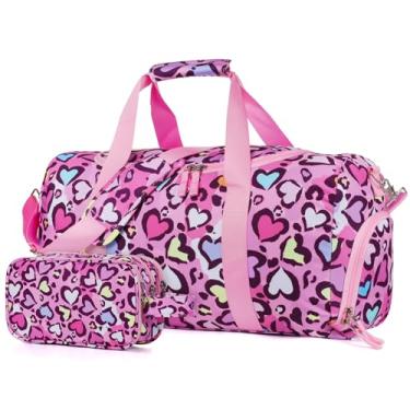 Imagem de Vipdeal Bolsa infantil para viagem, bolsas grandes de fim de semana com bolsa de higiene infantil com compartimento para sapatos de mão, Cheetah Pink, Bolsa infantil com conjunto de bolsa de higiene