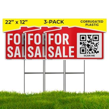 Imagem de Placa 22×12 para venda de imóveis (pacote com 3) - à prova de intempéries, frente e verso | Plástico ondulado | Estacas e aplicativo QR incluídos