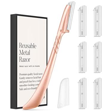 Imagem de ennva Navalha de sobrancelha para mulheres – Ferramenta dermaplaning para aparador de sobrancelhas – Modelador ergonômico de sobrancelha e navalha facial para penugem pêssego – Barbeador facial esfoliante para sobrancelhas – Navalhas de sobrancelha com 7 lâminas – ouro rosa