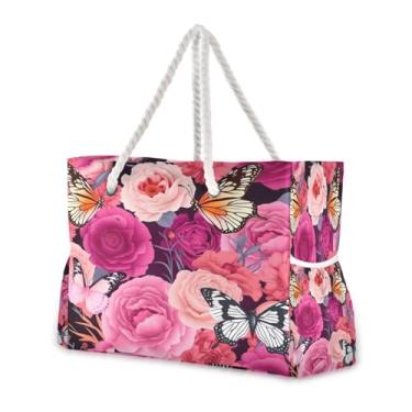 Imagem de Wassud Bolsa de praia grande para mulheres, borboletas rosadas, impermeável, à prova de areia, bolsa de viagem com zíper e bolso para piscina, academia, acampamento